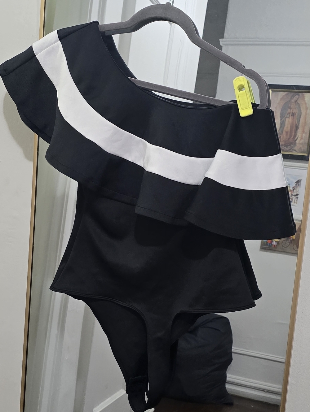 Black One-Shoulder Ruffle Bodysuit with White Stripe